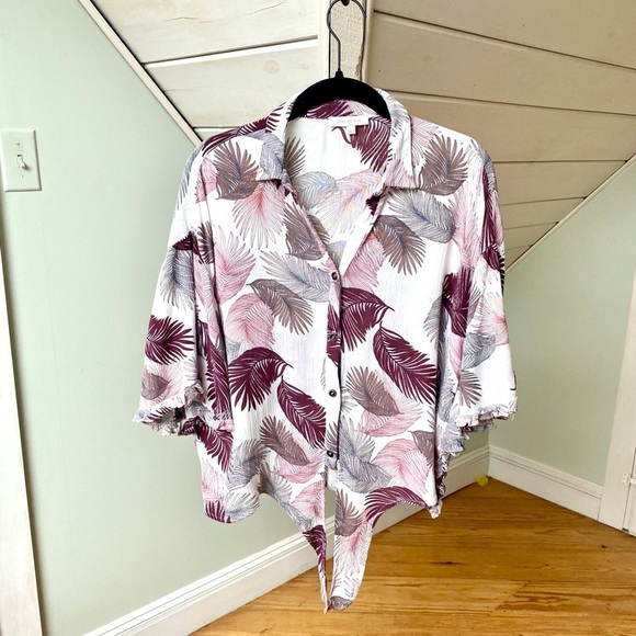 Skies Are Blue Tropical Palm Bat Wing Collared Ruffled Tie Top Size Large - Picture 14 of 14